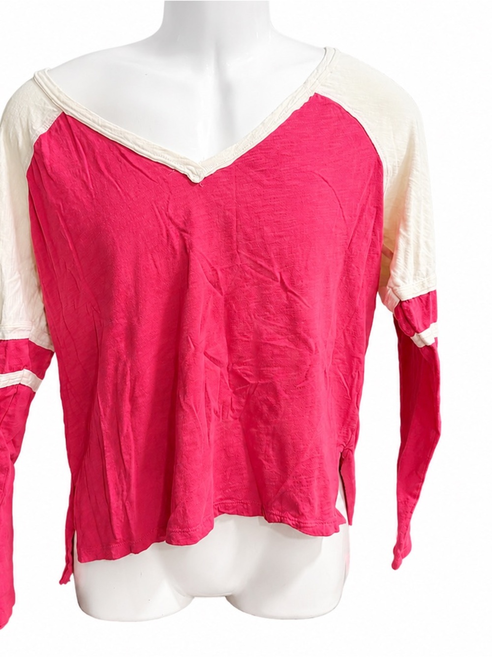 Pilcro Pink & Cream Colorblock Long Sleeve V-Neck Top – Size Medium - Picture 2 of 4